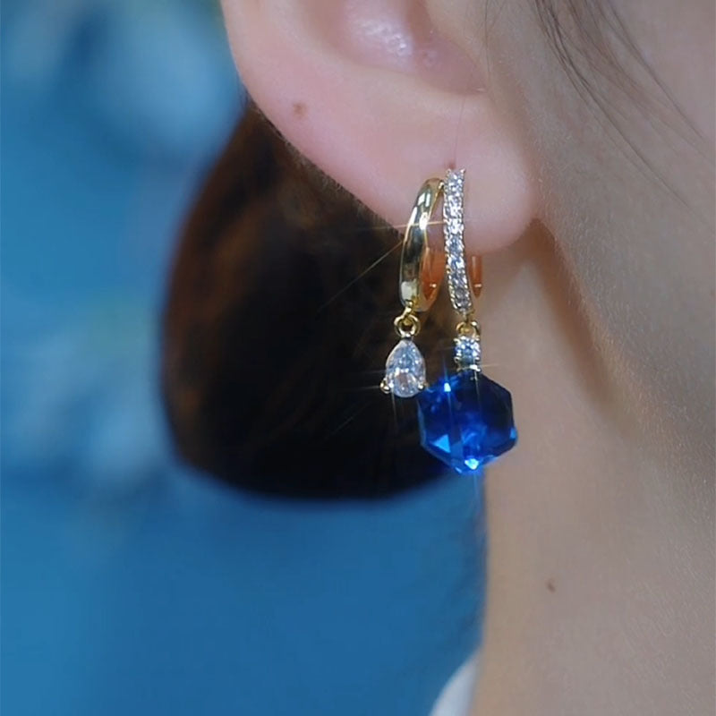 Blue Cube Sugar Crystal Earrings Temperament Ear Clip